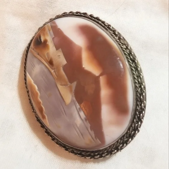 VTG SHELL CAMEO Mountains City Water Boat Scenery Pendant Brooch - Picture 5 of 7